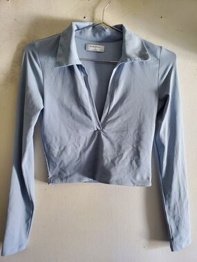 Babaton Pale Blue Collared V-Neck Long Sleeve Top